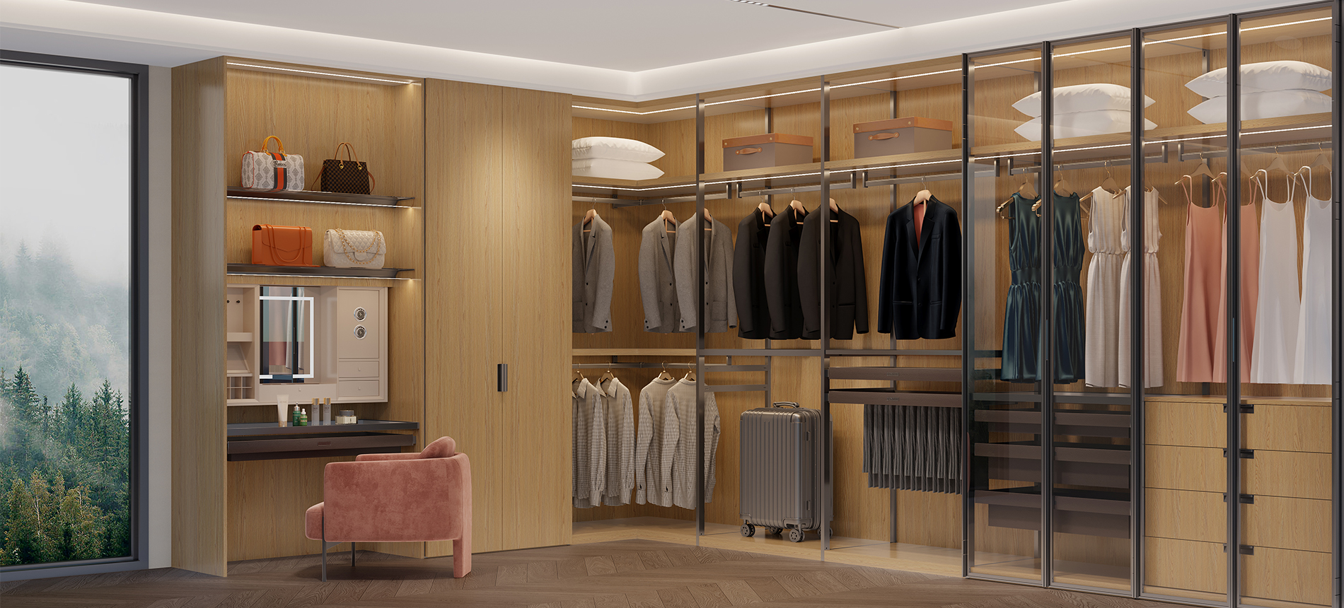 Modern aluminum wardrobe with LED-lit open display shelves