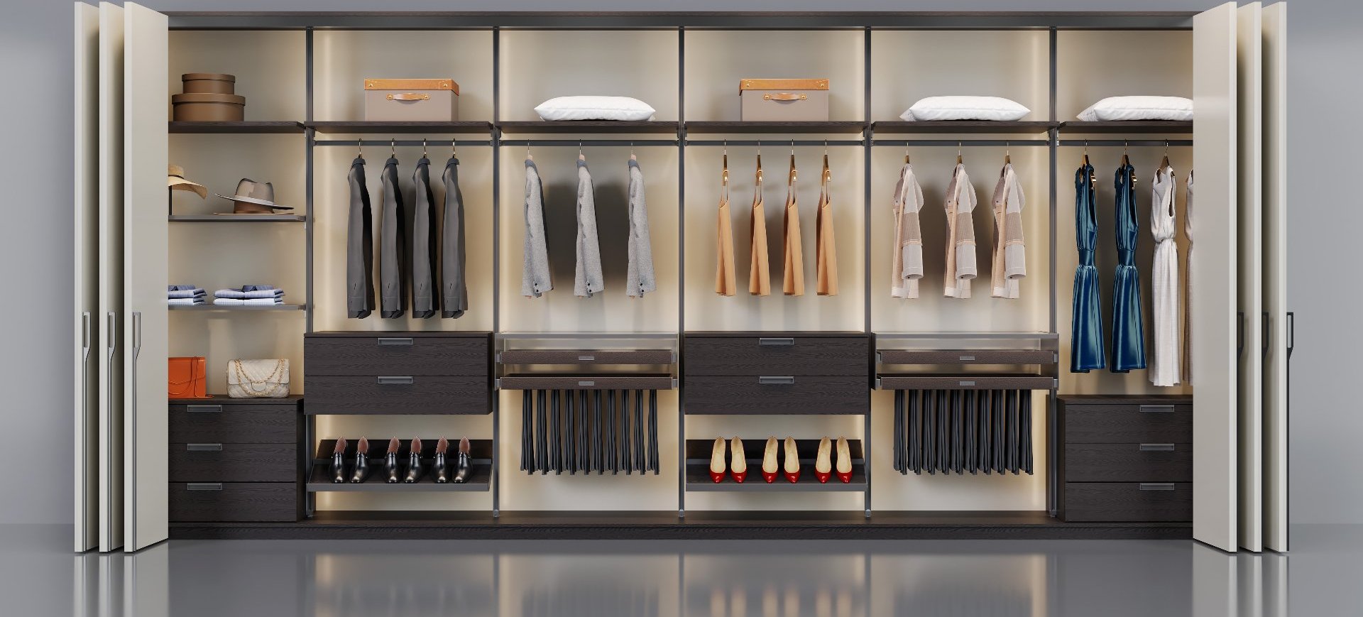 Folding door wardrobe system with hanging rails, drawers and shoe storage